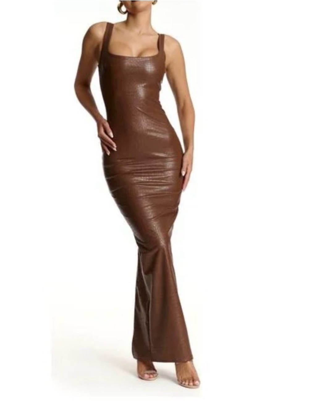 naked wardrobe Brown Faux-Leather Bodycon Maxi Dress